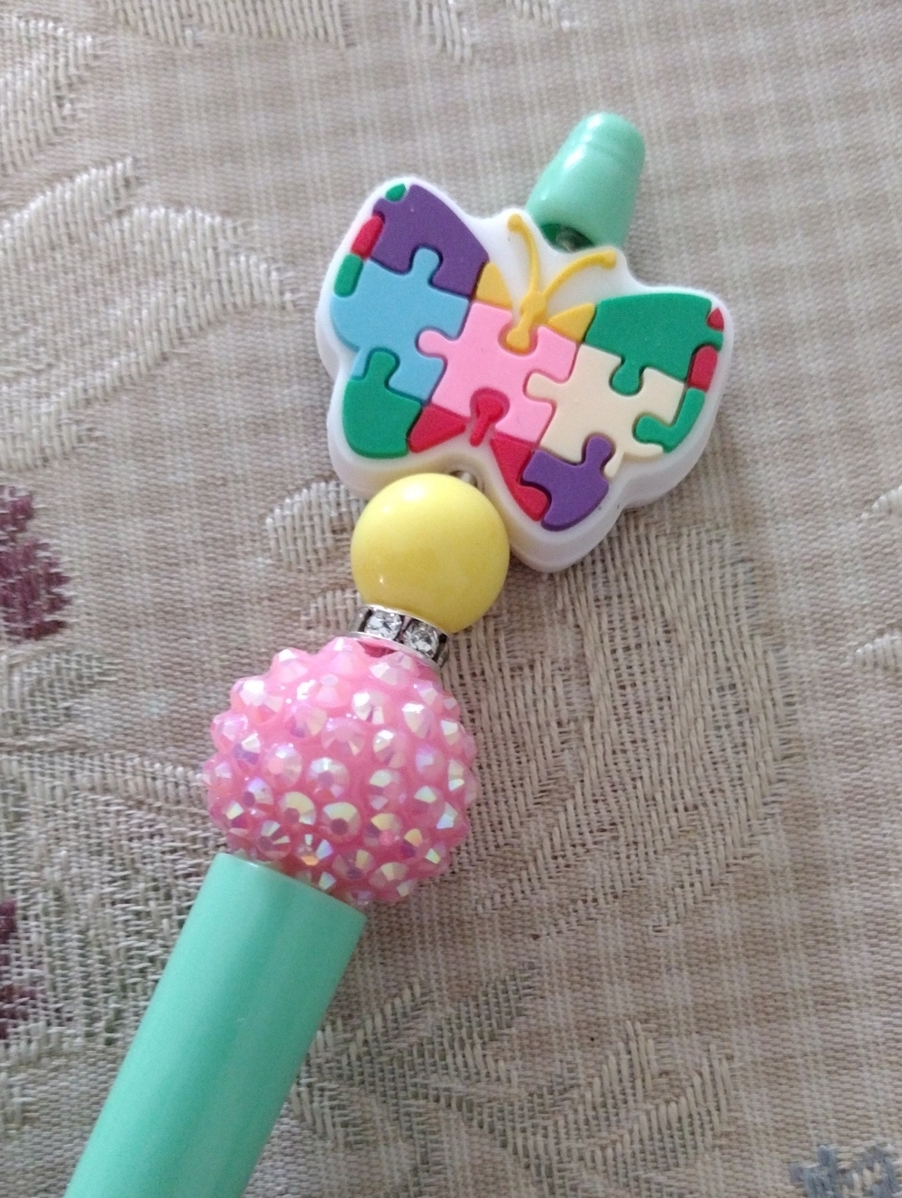 Mint Green Butterfly Autism Awareness Bead Pen - Picture 2 of 2